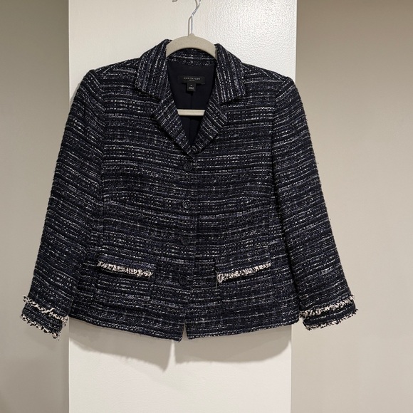 Ann Taylor navy blue and white tweed blazer and matching skirt suit - Picture 2 of 7